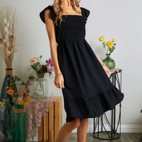 Smocked Square Neck Ruffled Cap Sleeve Dress