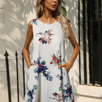 Printed Round Neck Sleeveless Dress with Pockets
