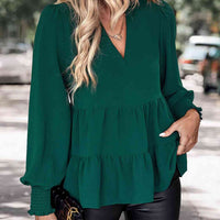 Notched Neck Lantern Sleeve Blouse
