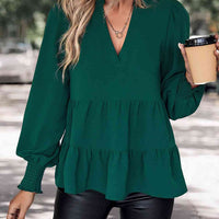 Notched Neck Lantern Sleeve Blouse