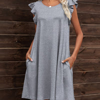 Round Neck Flutter Sleeve Dress with Pockets