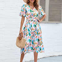 Printed Tie-Waist V-Neck Flutter Sleeve Dress