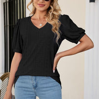 Eyelet Puff Sleeve V-Neck Top