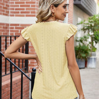 Eyelet Flutter Sleeve Scalloped V-Neck Top