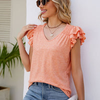 Smocked Flutter Sleeve V-Neck Top