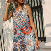 Printed Round Neck Sleeveless Dress with Pockets