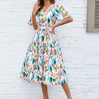 Printed Tie-Waist V-Neck Flutter Sleeve Dress