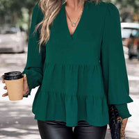 Notched Neck Lantern Sleeve Blouse