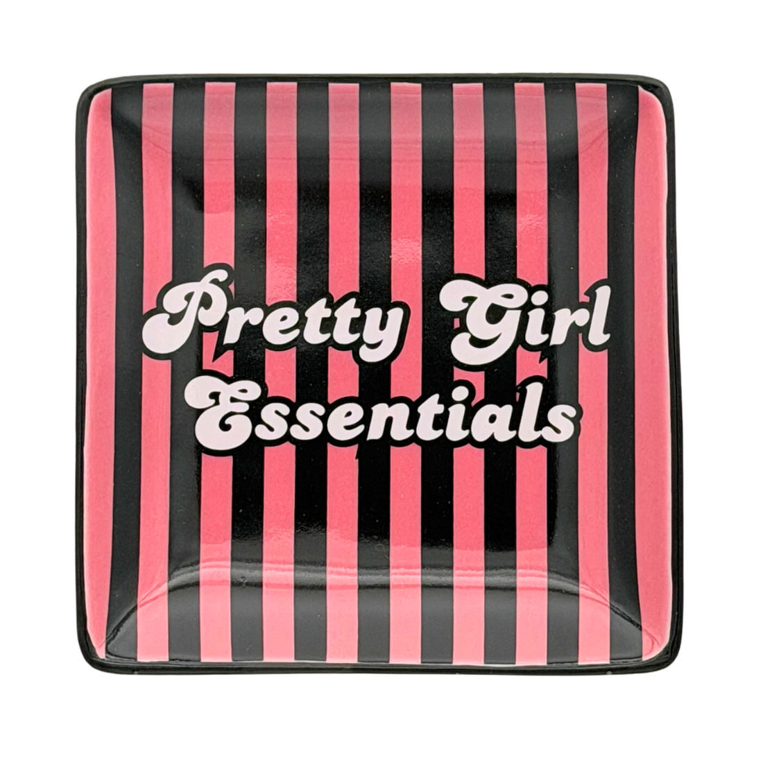 Black and hot pink striped Pretty Girl Essentials square trinket tray