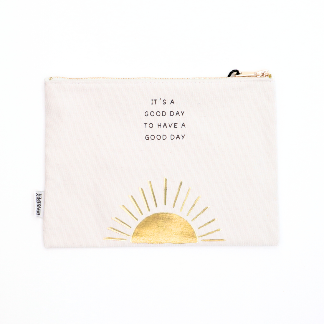 Cream It's a Good Day canvas pouch with metallic gold sun design