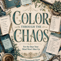 Color Through the Chaos by Just Organized Chaos, teal and cream cover with planners, coffee, and plants