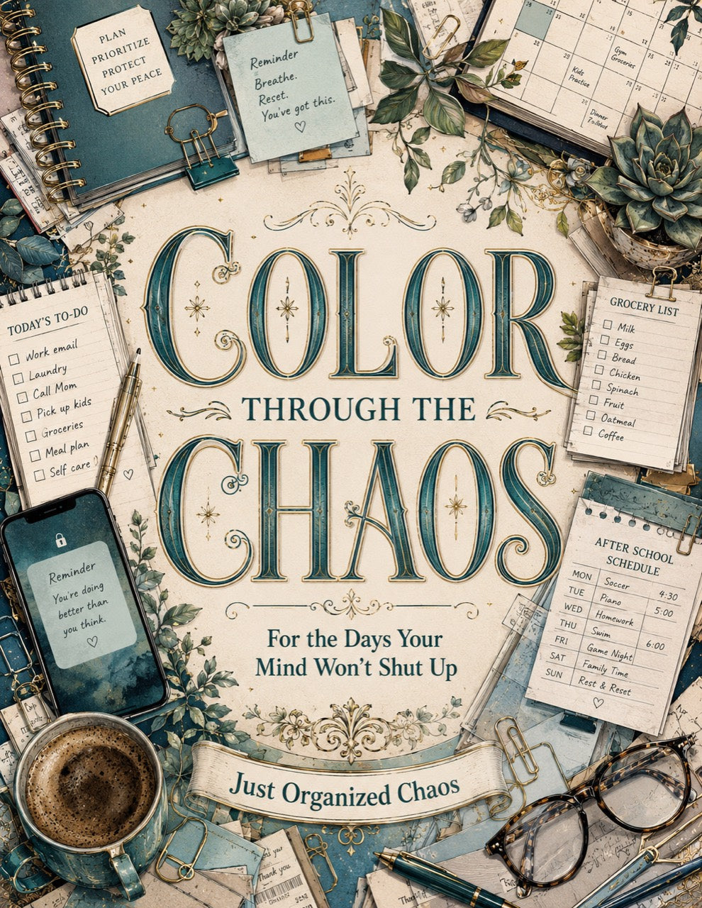 Color Through the Chaos by Just Organized Chaos, teal and cream cover with planners, coffee, and plants