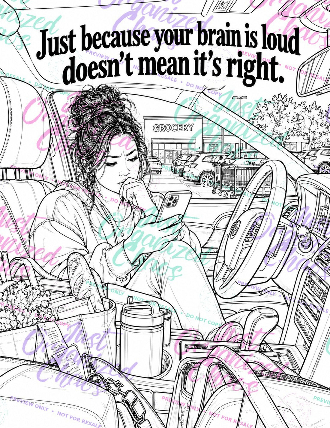 Color Through the Chaos interior 02, black-and-white coloring page with repeating Just Organized Chaos preview-only watermark