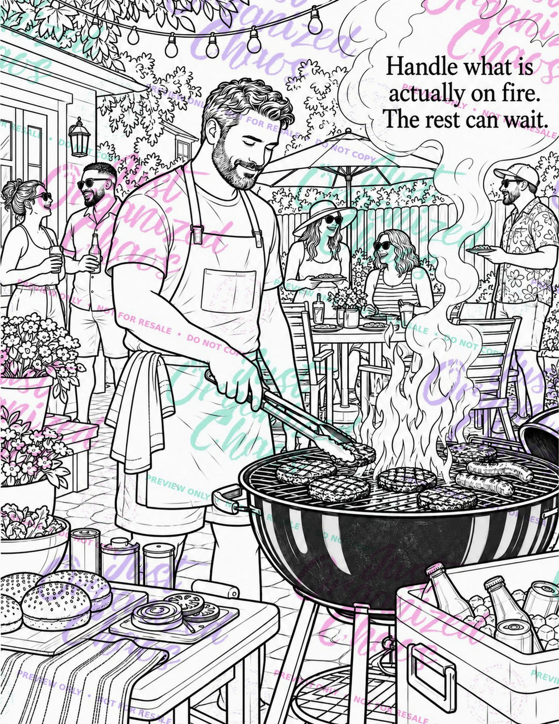 Color Through the Chaos interior 04, black-and-white coloring page with repeating Just Organized Chaos preview-only watermark
