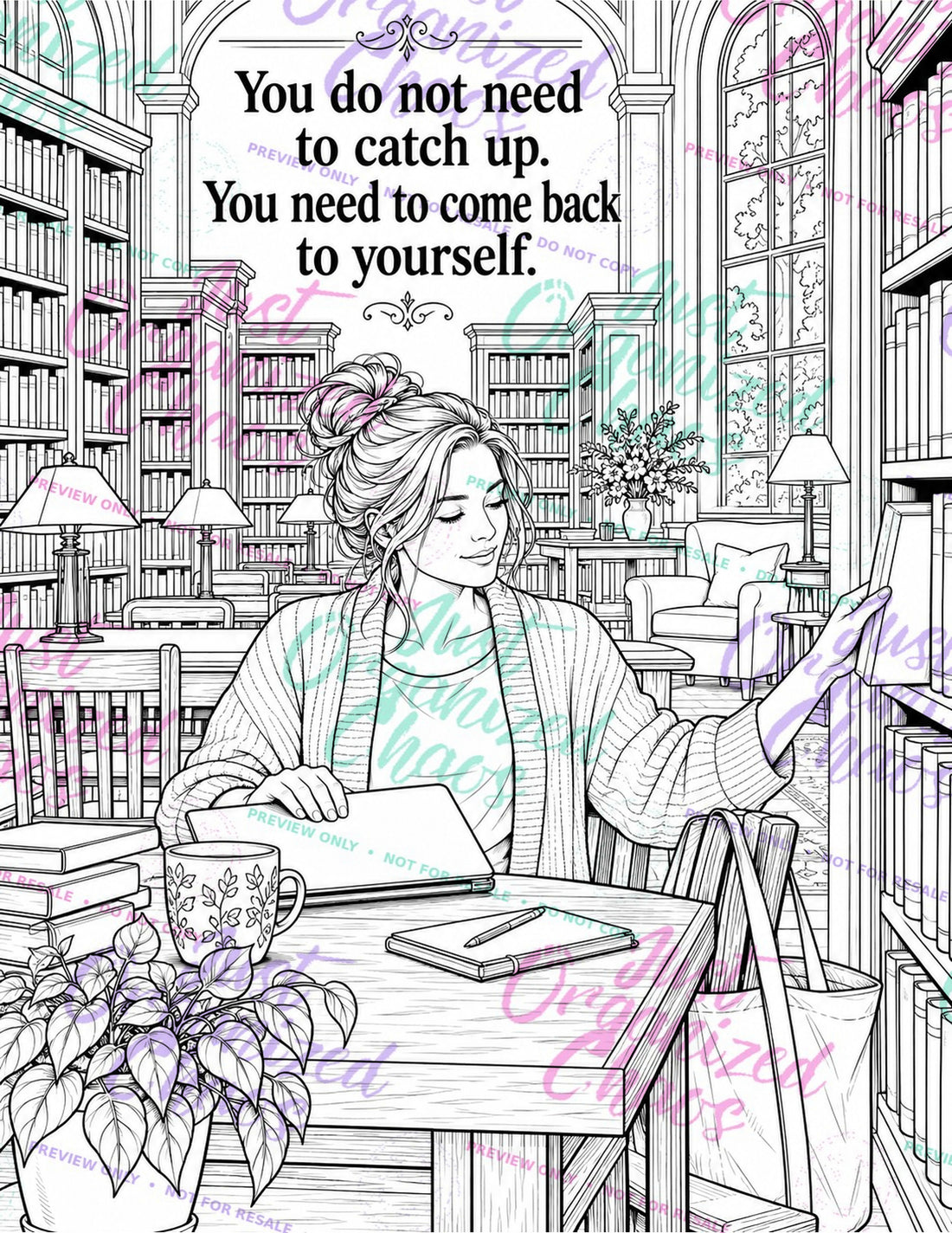 Color Through the Chaos interior 10, black-and-white coloring page with repeating Just Organized Chaos preview-only watermark