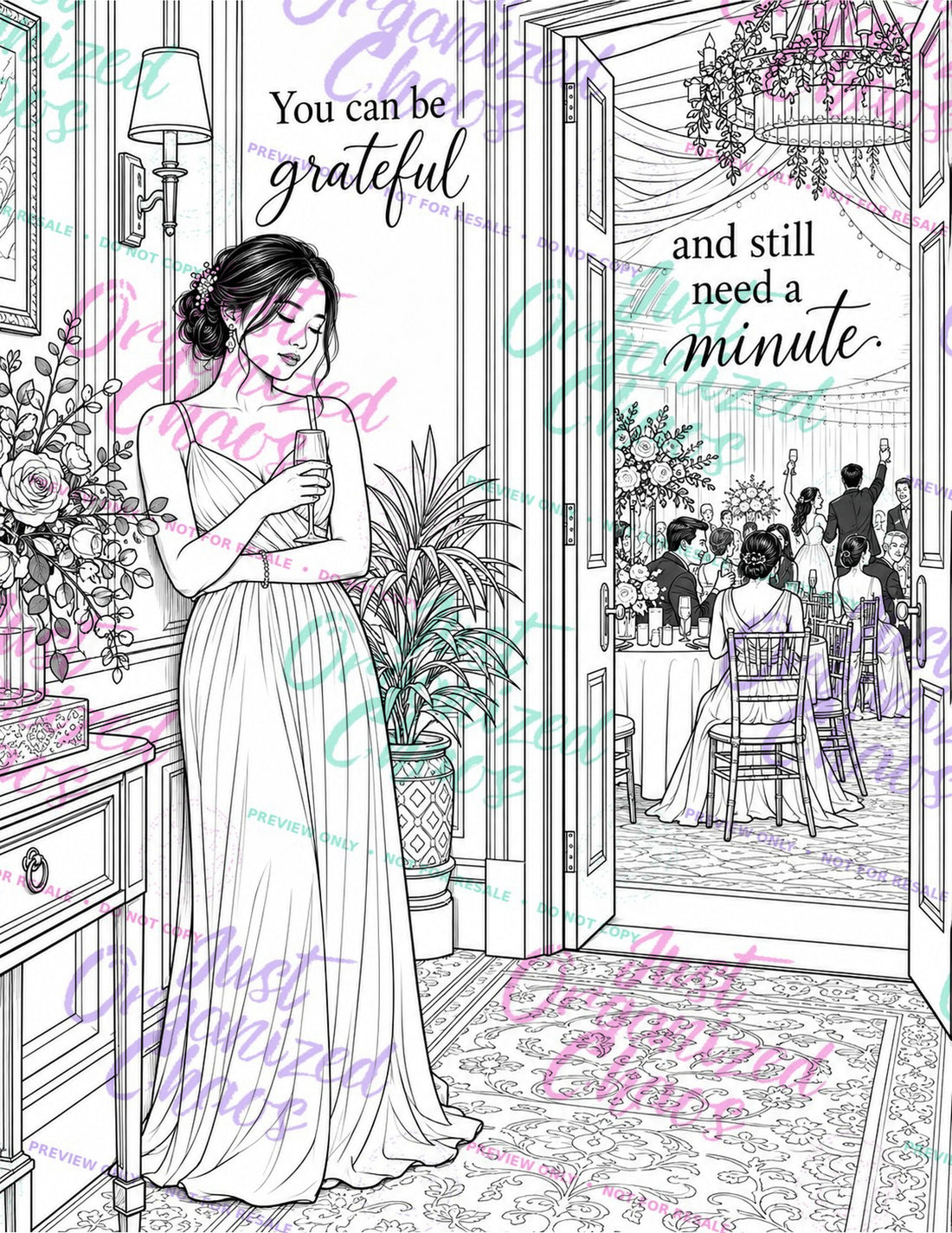 Color Through the Chaos interior 12, black-and-white coloring page with repeating Just Organized Chaos preview-only watermark