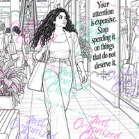 Color Through the Chaos interior 15, black-and-white coloring page with repeating Just Organized Chaos preview-only watermark
