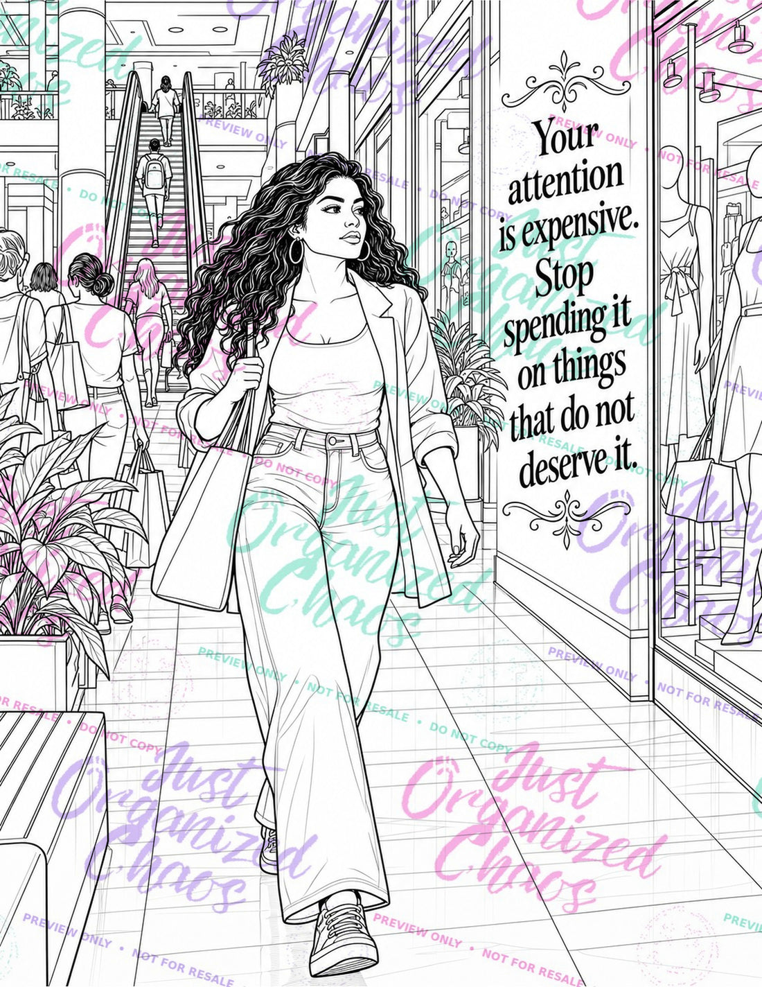 Color Through the Chaos interior 15, black-and-white coloring page with repeating Just Organized Chaos preview-only watermark