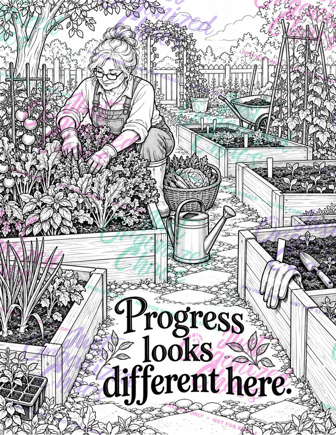 Color Through the Chaos interior 19, black-and-white coloring page with repeating Just Organized Chaos preview-only watermark