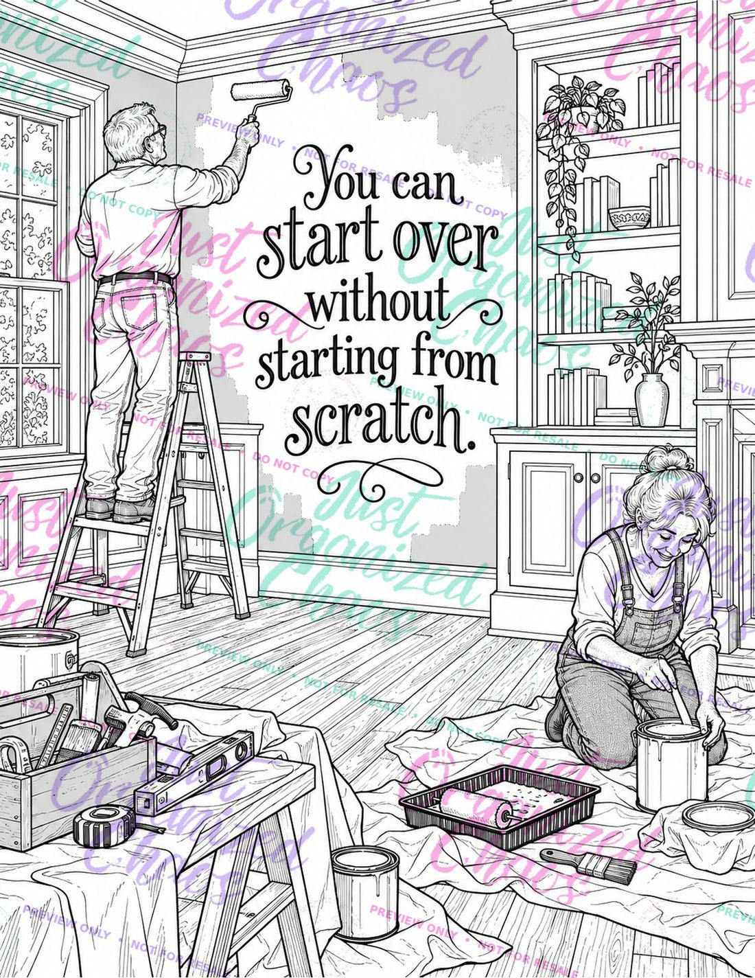 Color Through the Chaos interior 26, black-and-white coloring page with repeating Just Organized Chaos preview-only watermark