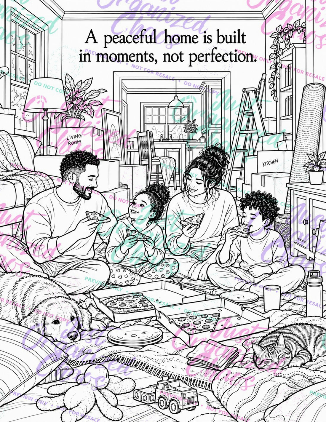 Color Through the Chaos interior 29, black-and-white coloring page with repeating Just Organized Chaos preview-only watermark