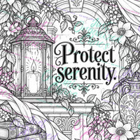 Watermarked coloring page preview with a lantern, flowers, and the words Protect serenity