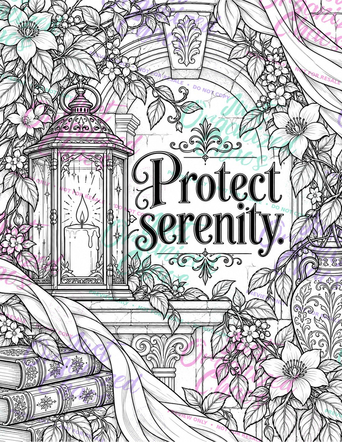 Watermarked coloring page preview with a lantern, flowers, and the words Protect serenity