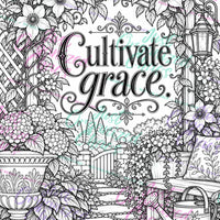 Watermarked coloring page preview with a garden fountain and the words Cultivate grace