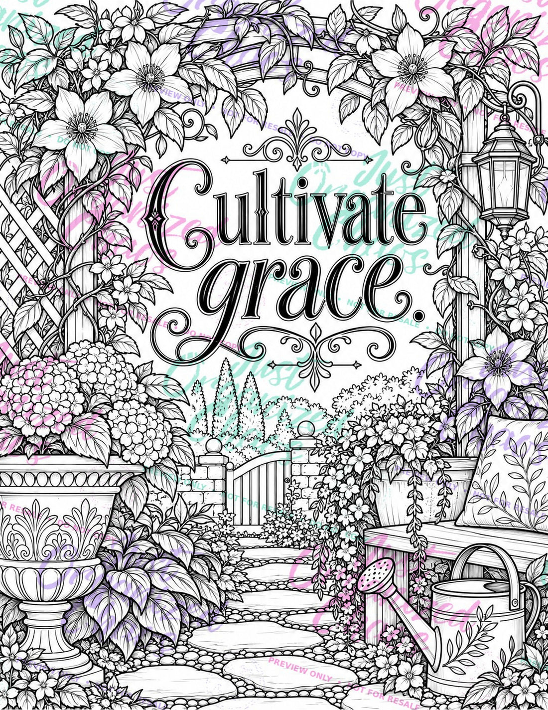 Watermarked coloring page preview with a garden fountain and the words Cultivate grace