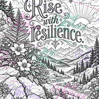 Watermarked coloring page preview with a mountain landscape and the words Rise with resilience