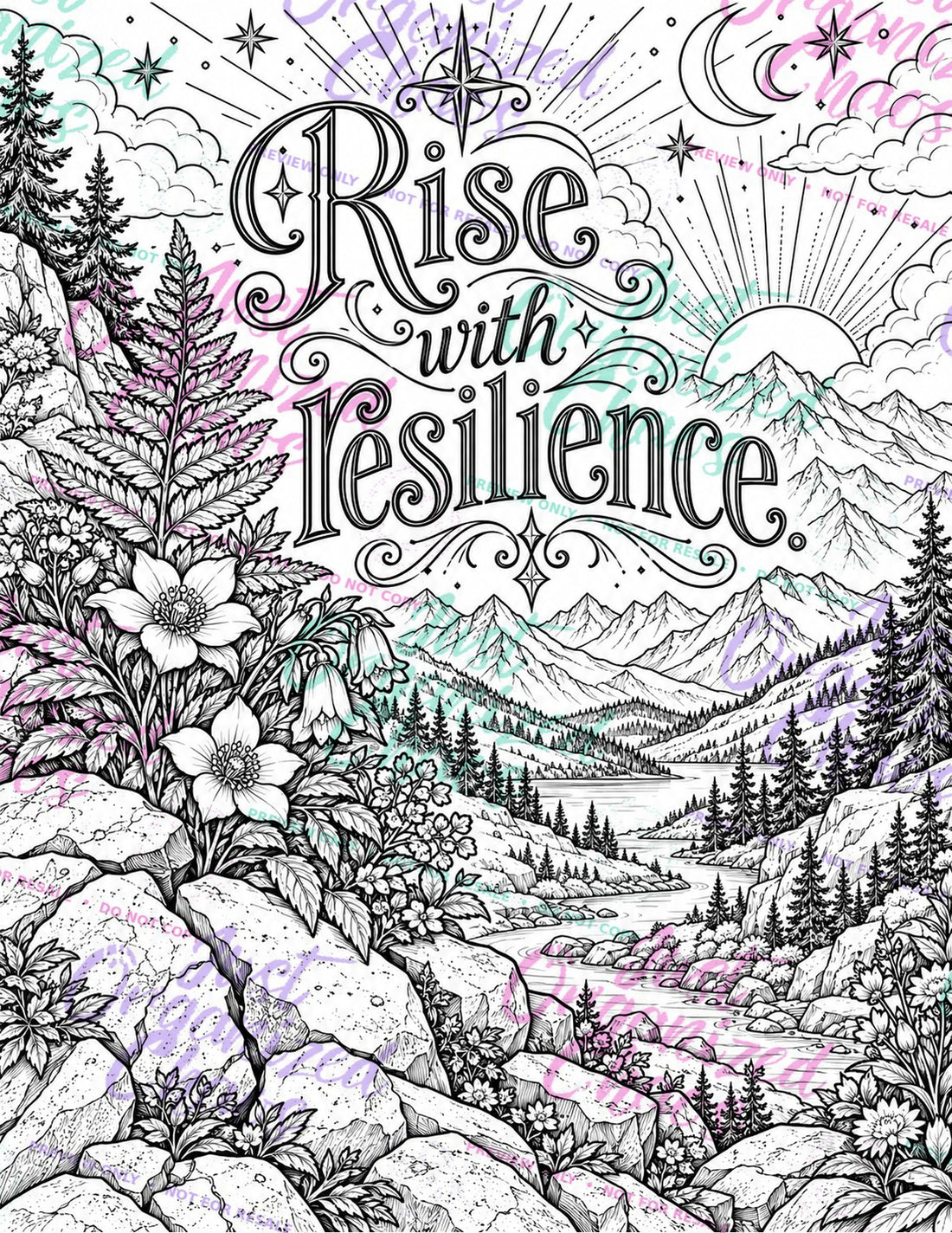 Watermarked coloring page preview with a mountain landscape and the words Rise with resilience