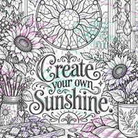 Watermarked coloring page preview with stained glass, flowers, and the words Create your own sunshine