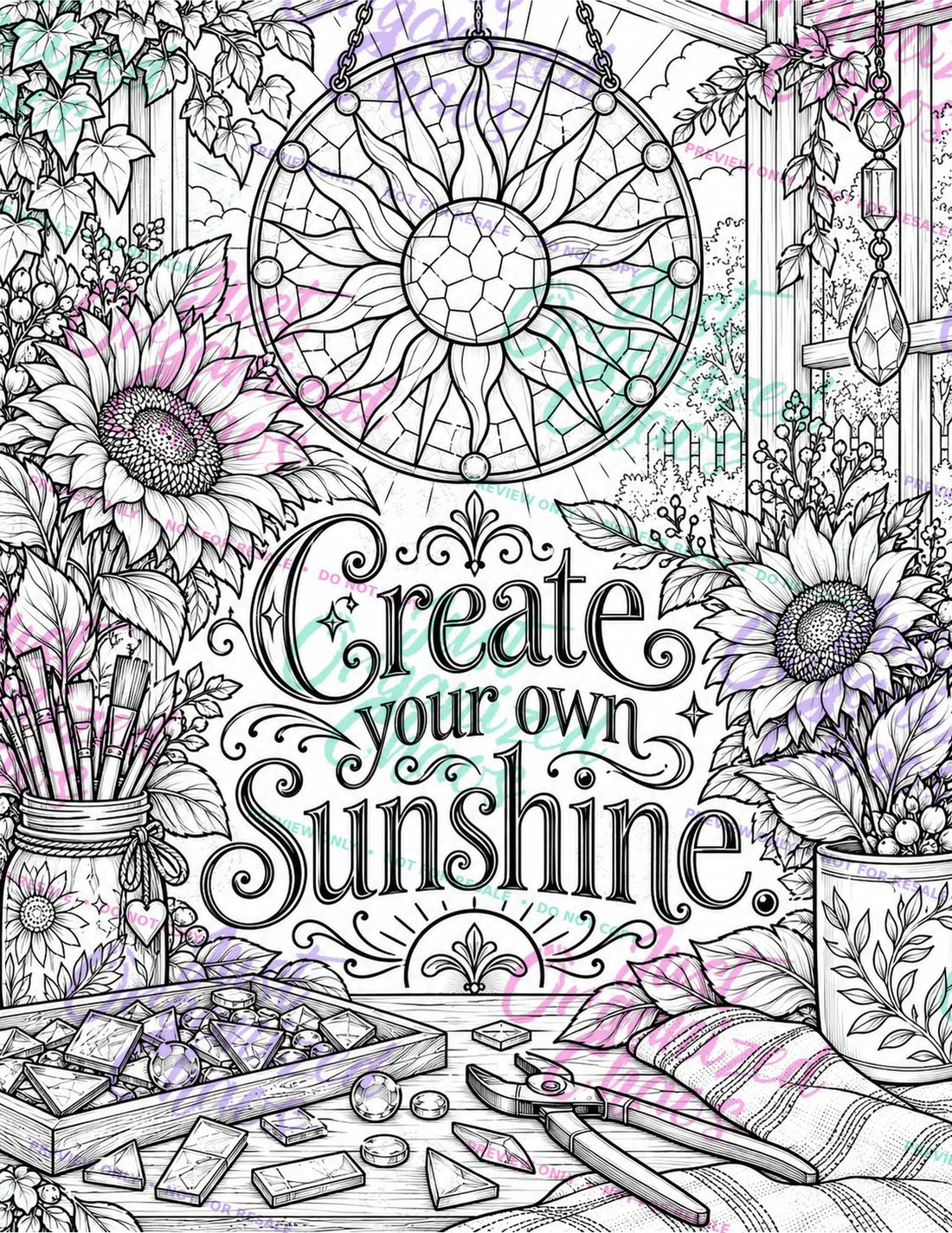 Watermarked coloring page preview with stained glass, flowers, and the words Create your own sunshine