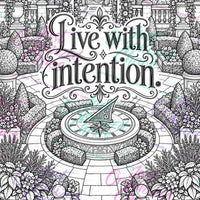Watermarked coloring page preview with a garden path, compass, and the words Live with intention
