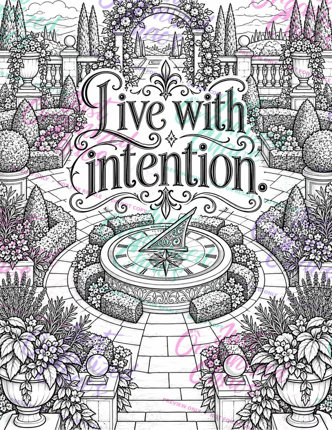 Watermarked coloring page preview with a garden path, compass, and the words Live with intention