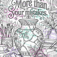 Watermarked coloring page preview with art supplies and the words More than your mistakes