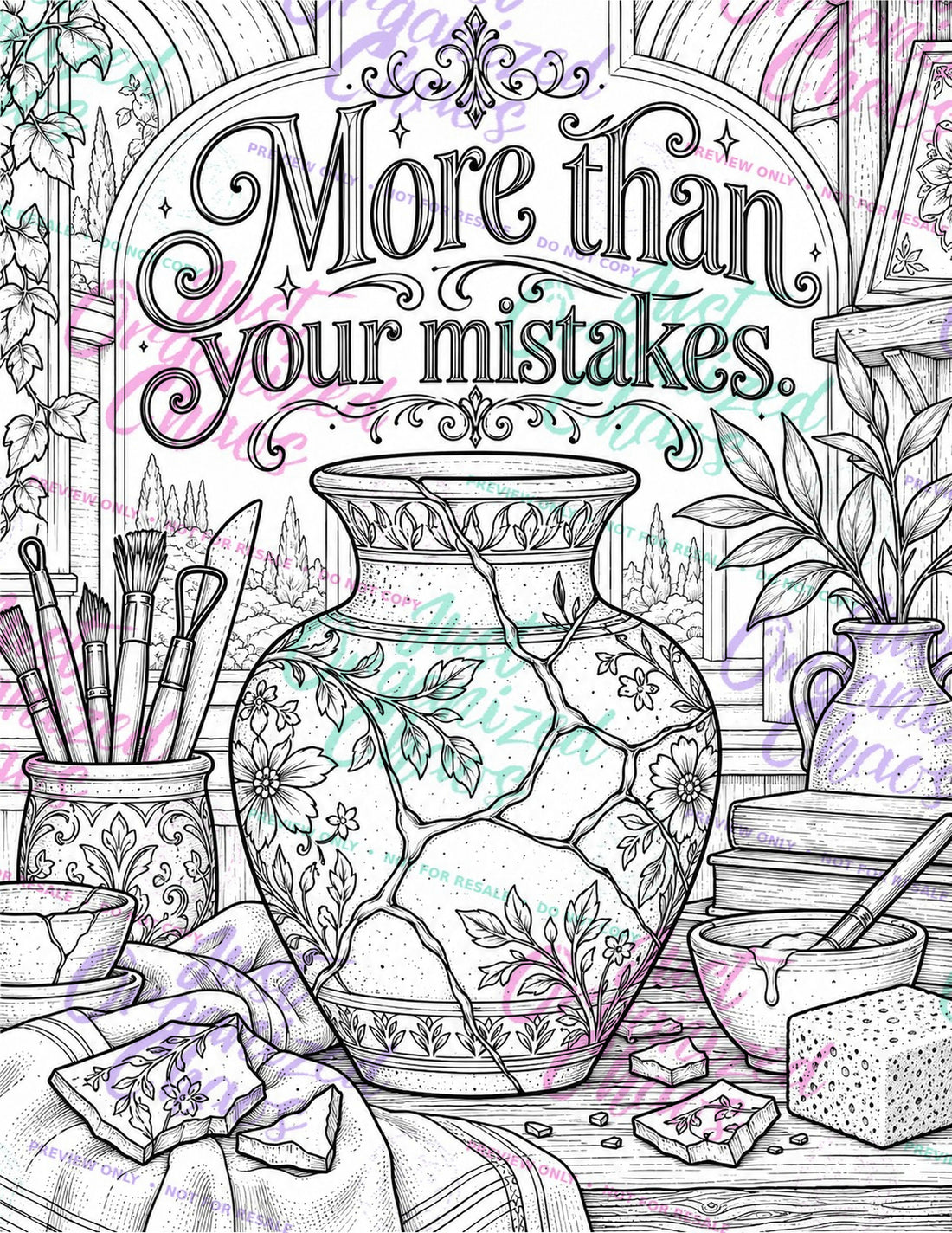 Watermarked coloring page preview with art supplies and the words More than your mistakes