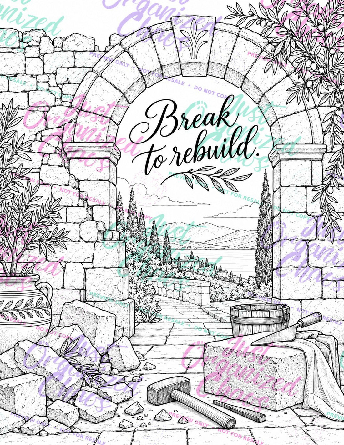 Watermarked coloring page preview with a stone archway and the words Break to rebuild