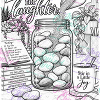 Watermarked coloring page preview with a joy jar and the words Leave room for laughter
