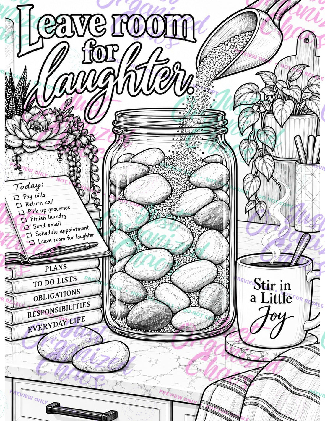 Watermarked coloring page preview with a joy jar and the words Leave room for laughter