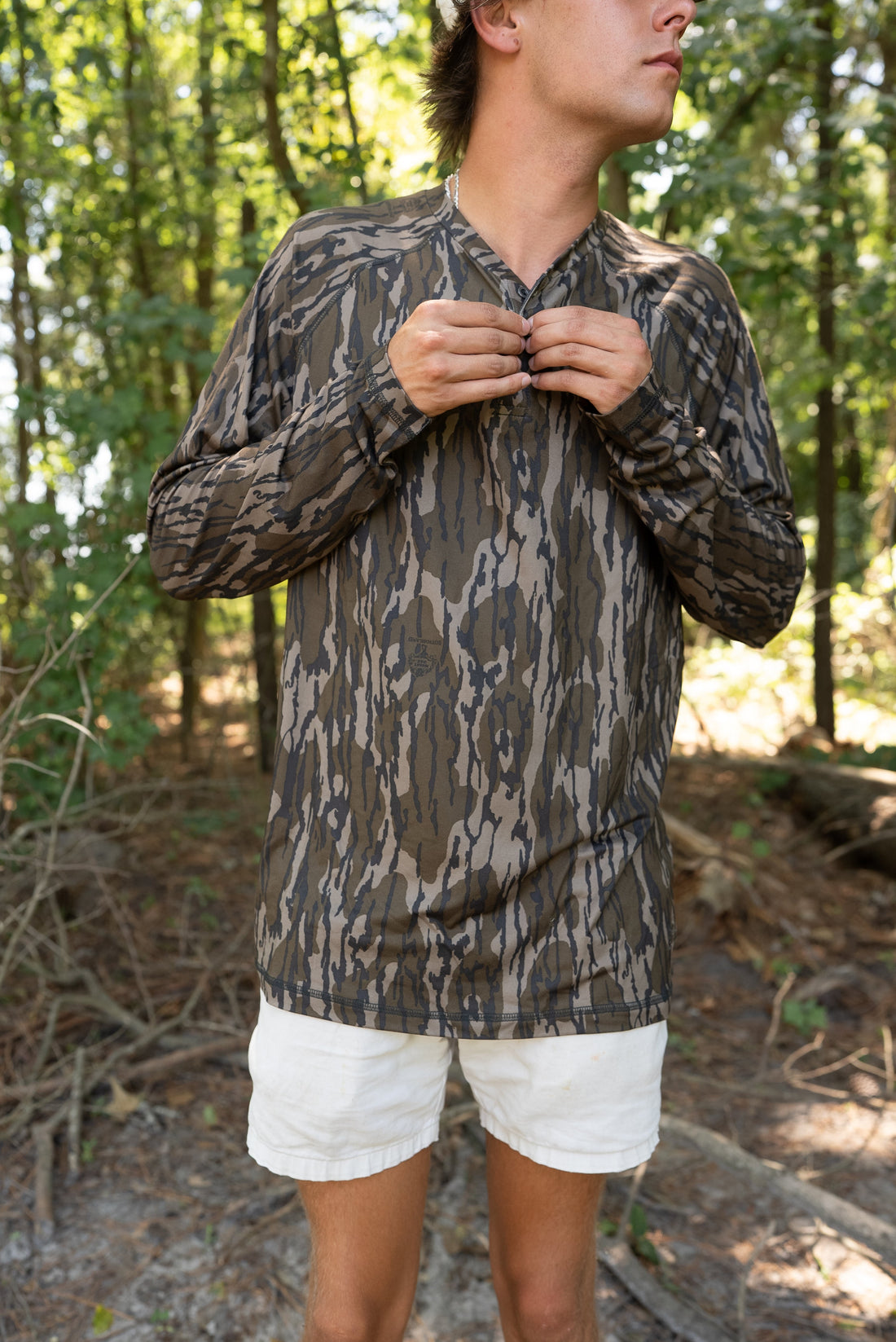 Combat Waterfowl 3 Button Henley Mossy Oak Bottomland Camo view 2