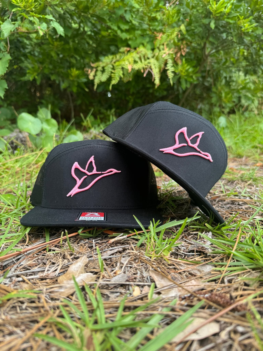 Combat Waterfowl Icon Embroidered 7 Panel Hat in Black and Pink