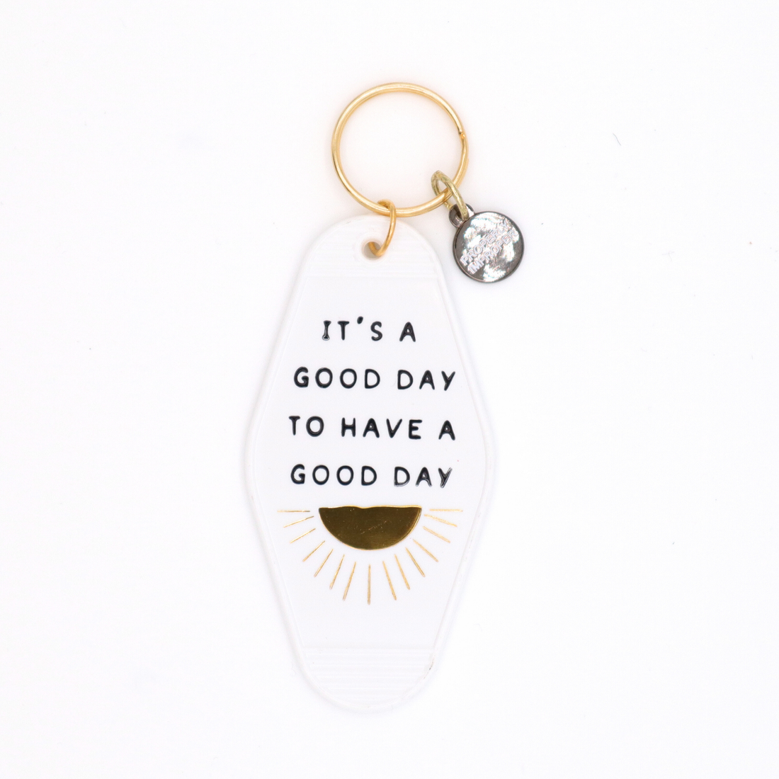 White It's a Good Day motel keychain with metallic gold details