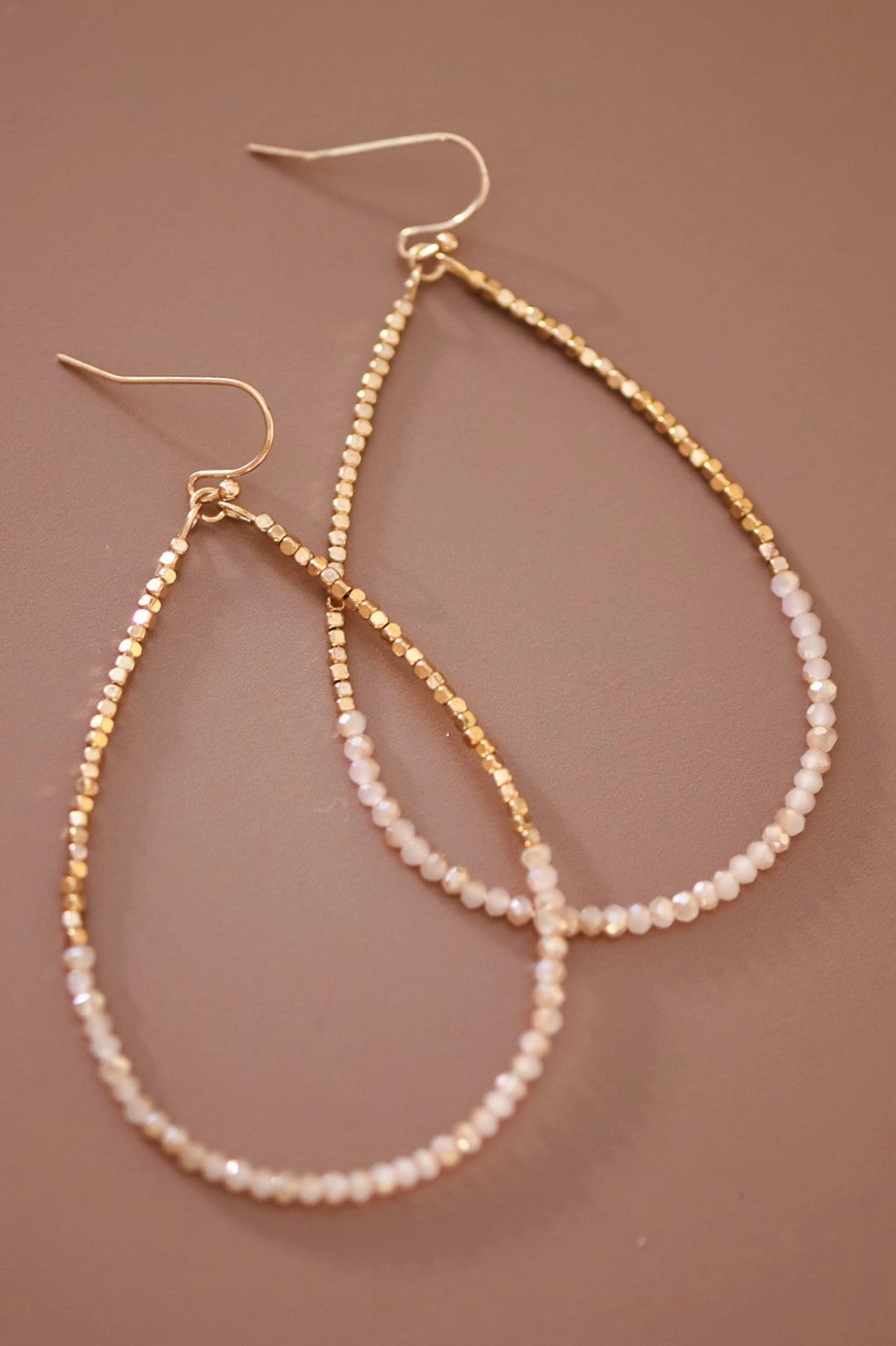 Gold and cream beaded teardrop earrings