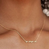 Mama script necklace shown on model