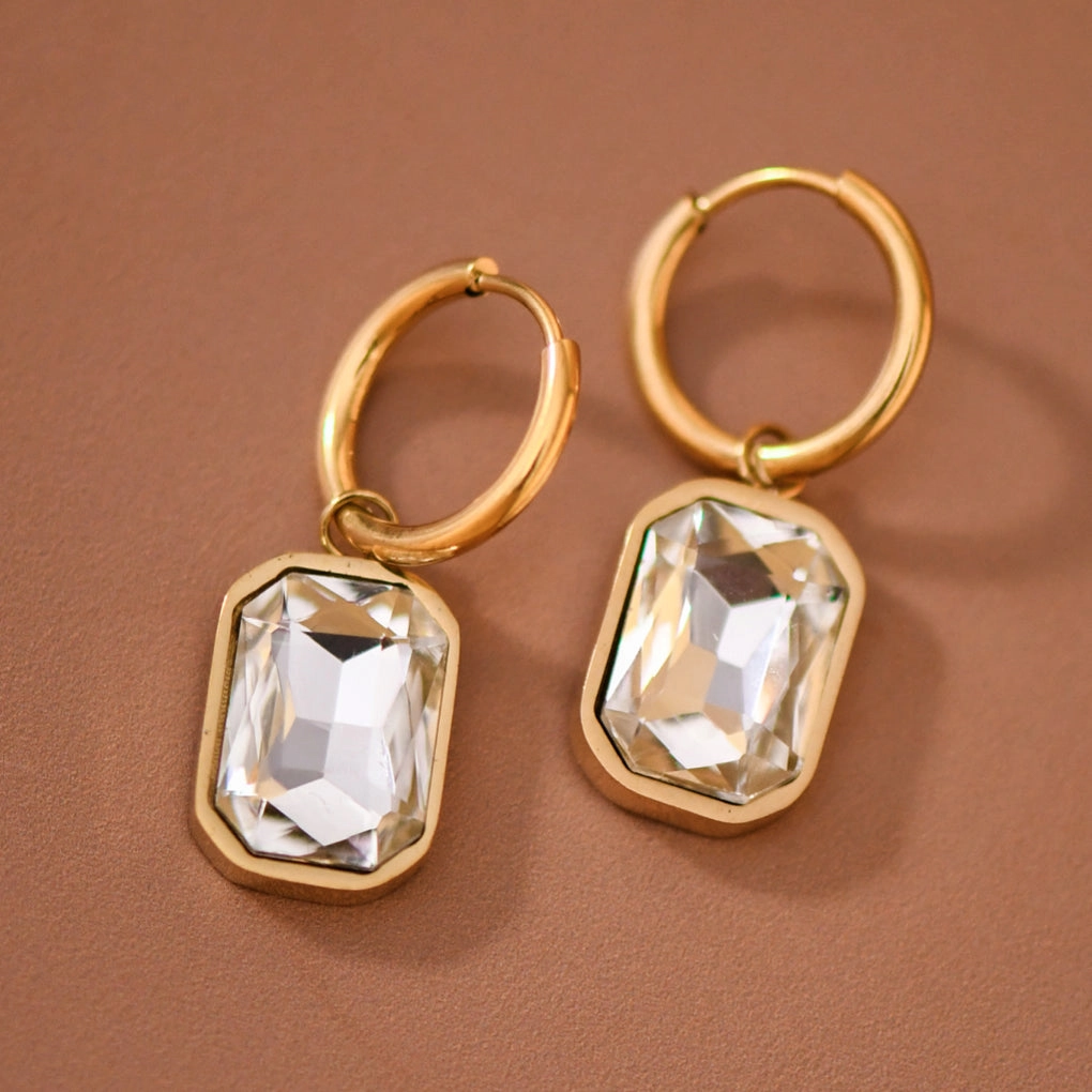 Clear crystal rectangular drop earrings with gold hoops