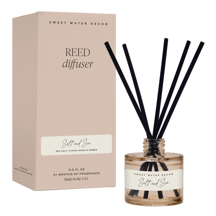 Salt and Sea reed diffuser in box with black reeds