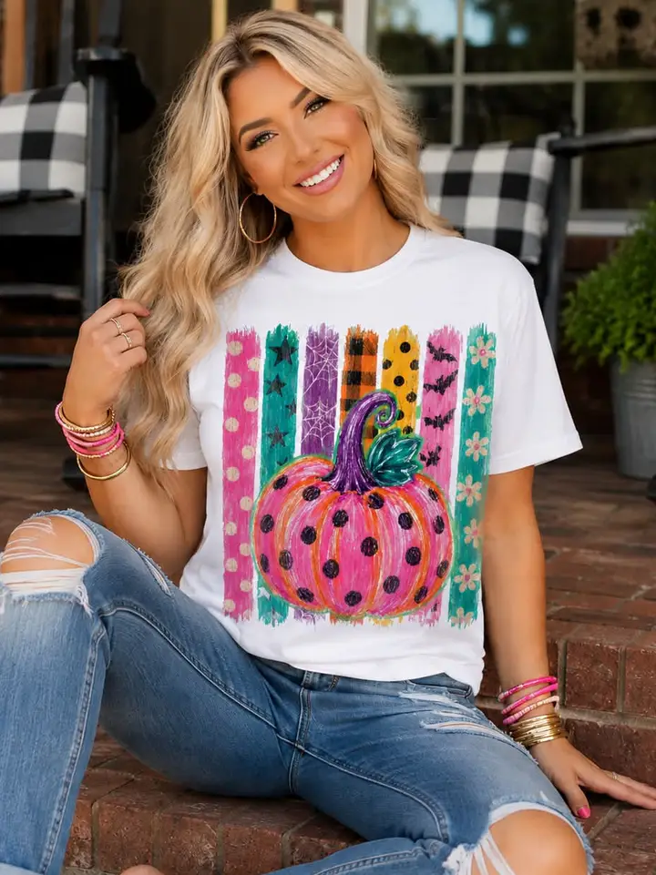 Neon Pumpkin Pattern Stripes graphic tee