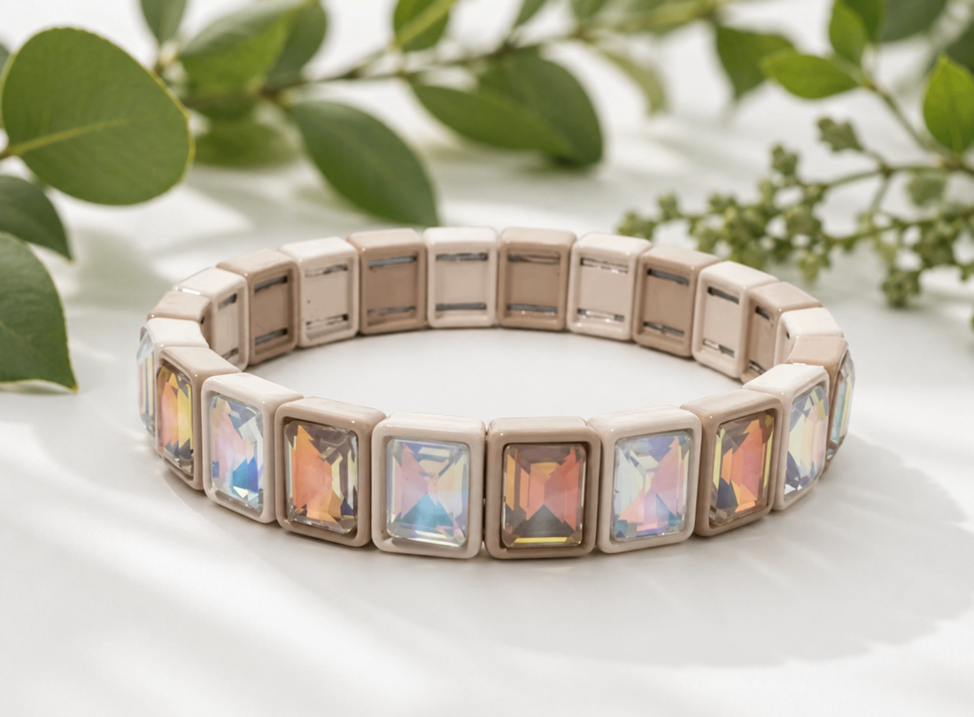 Tan bracelet with rectangular iridescent prism details