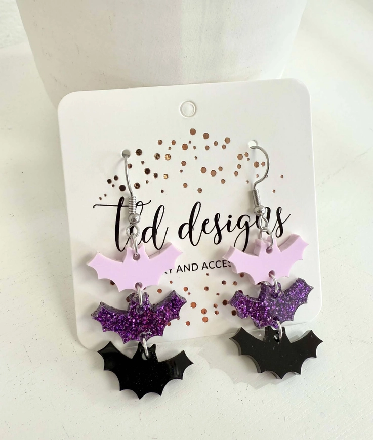 Purple glitter and black acrylic Triple Bat Earrings